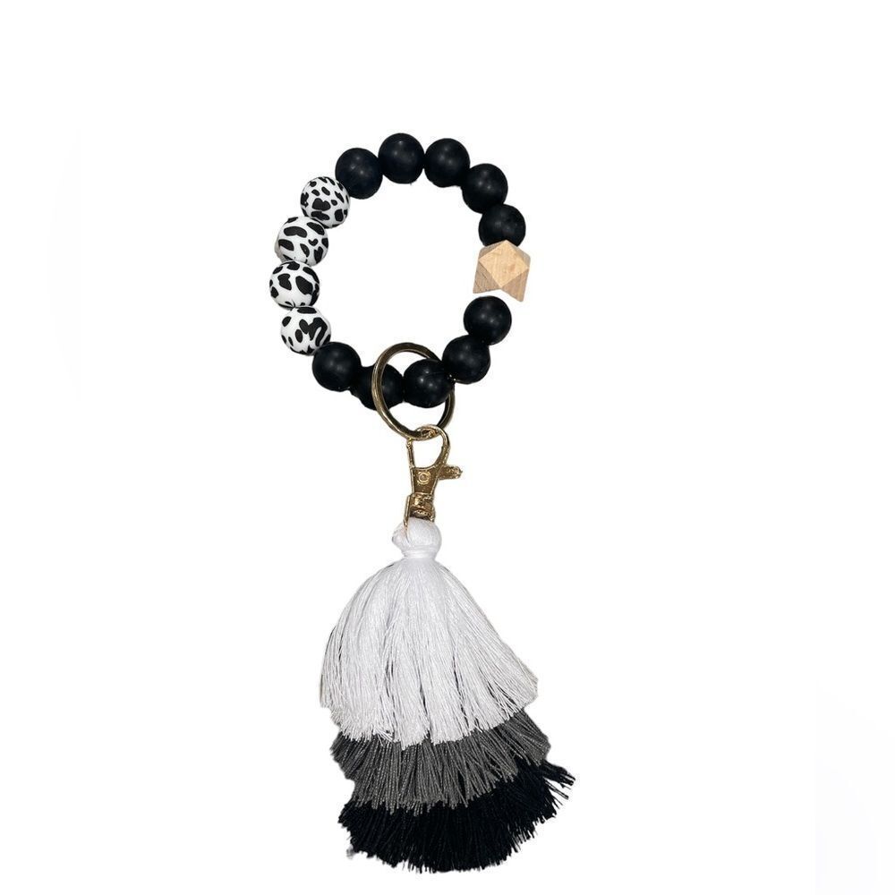 LEOPARD PRINT Black Tiered Tassel Beaded Bracelet Keychain - Picture 2 of 2